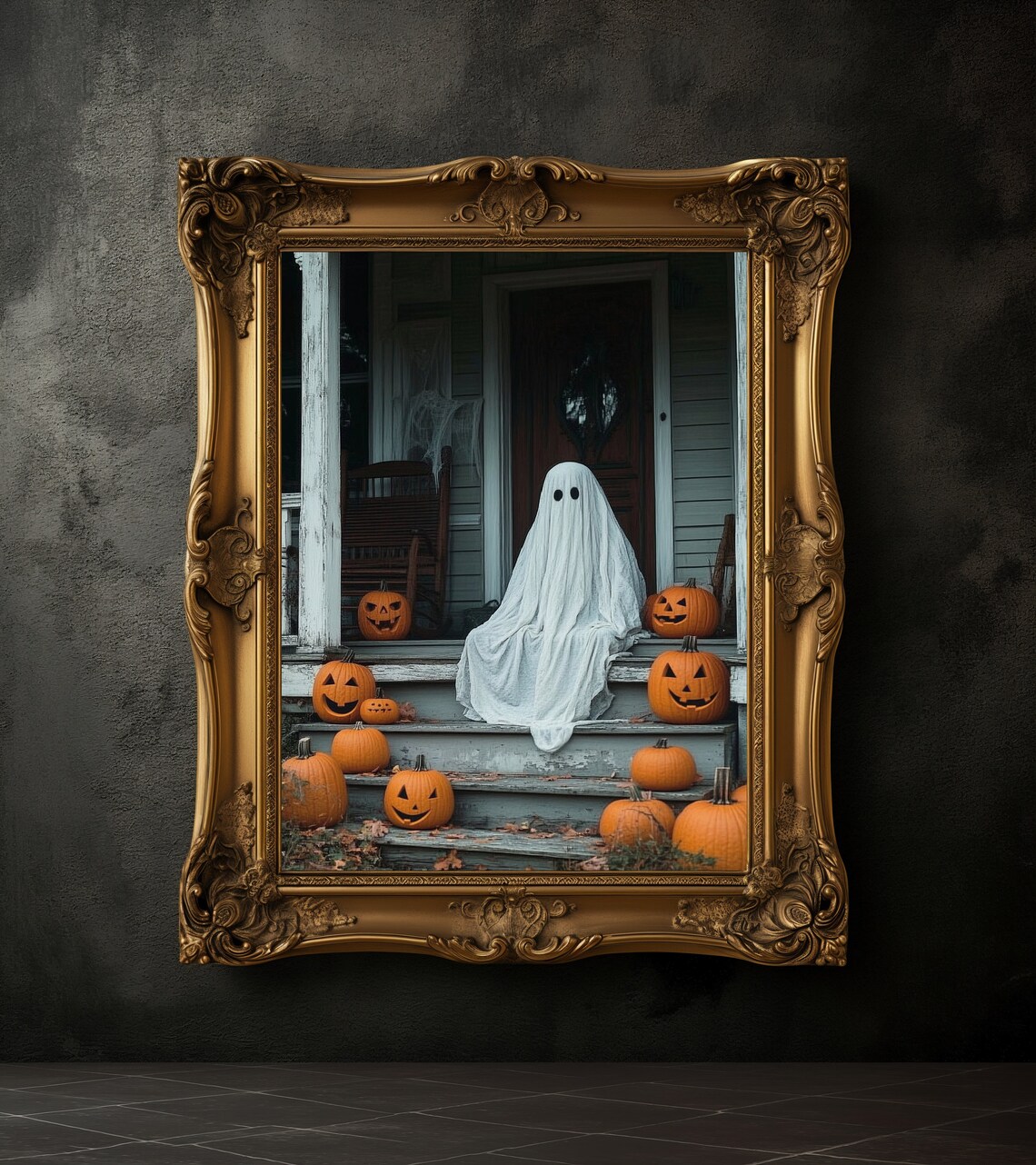 Sheeted Ghost Sitting on Old Porch Steps Surrounded by Pumpkins Poster - Image 2