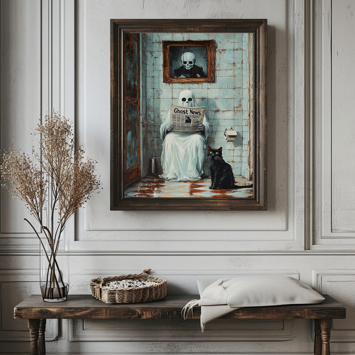 Funny Ghost Reading the News on the Toilet in a Vintage Bathroom Poster - Image 3