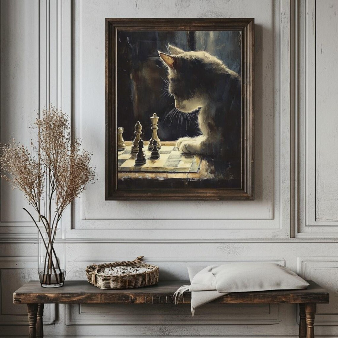 Pensive Cat Playing Chess Classic Oil Painting Style Feline Poster - Image 4
