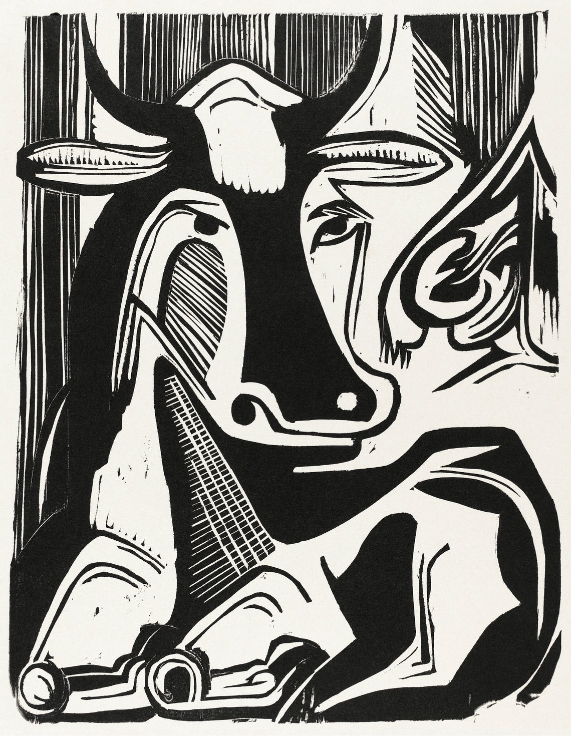 Large Cow Lying Down, Vintage Abstract Art Print - Image 3