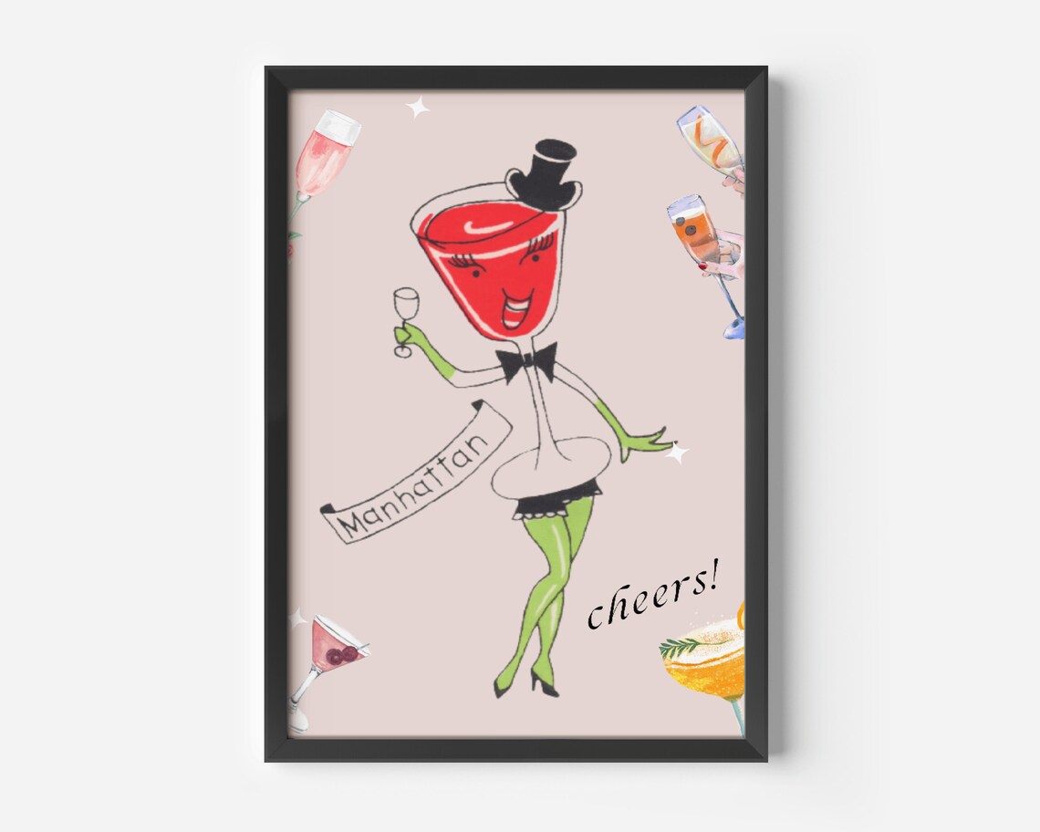 Cheerful Manhattan Cocktail Lady in Top Hat Retro Cheers Poster - Image 3
