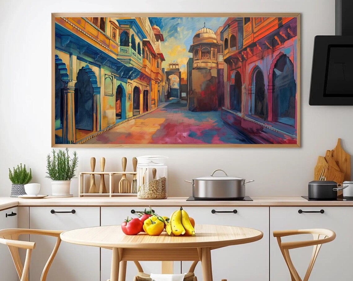 Jaipur Streets Colorful Oil Painting Indian Wall Art Framed Rajasthan Cityscape For Living Room Bedroom Office Ready To Hang