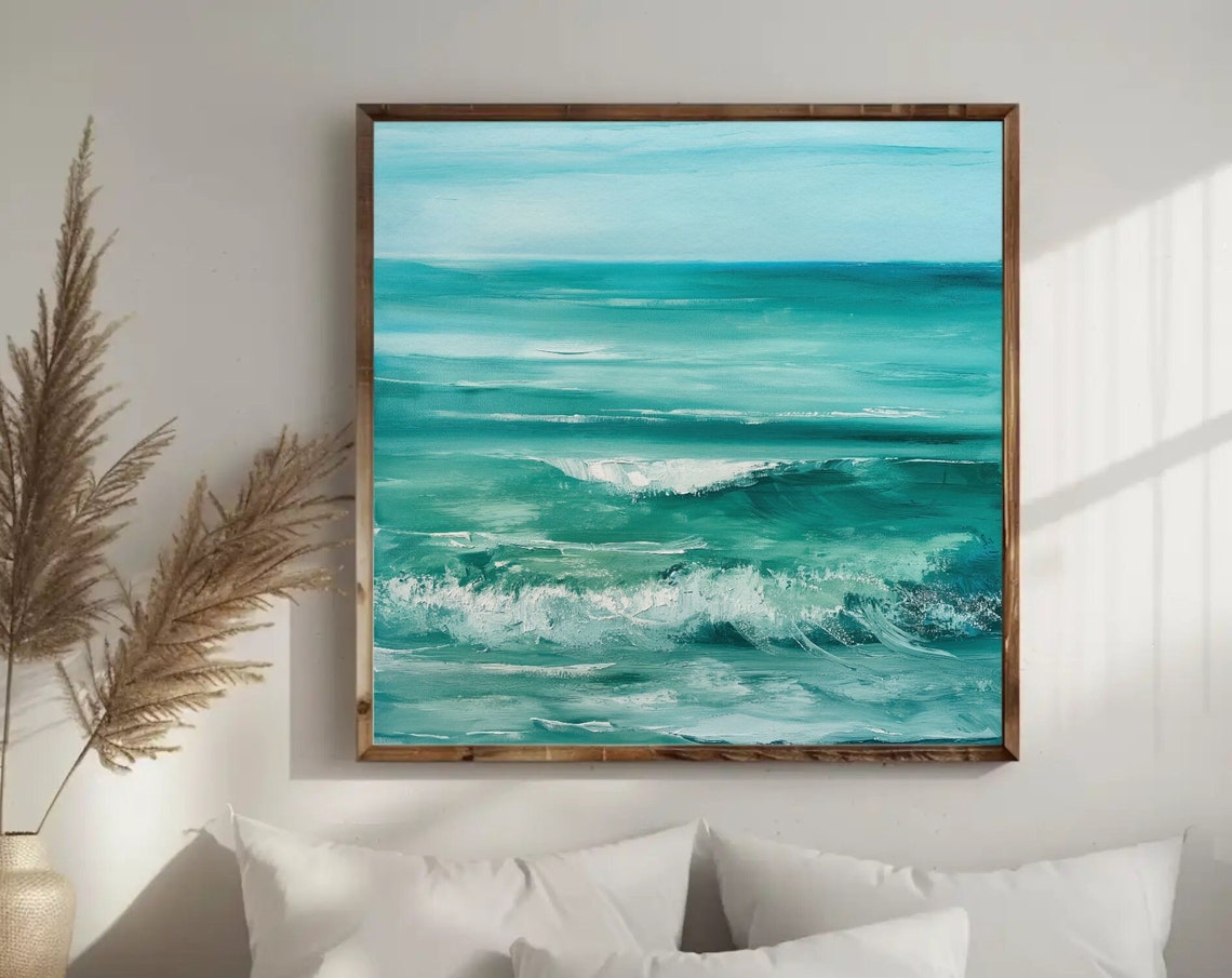 Teal Ocean Waves Abstract Seascape Coastal Art Painting Poster