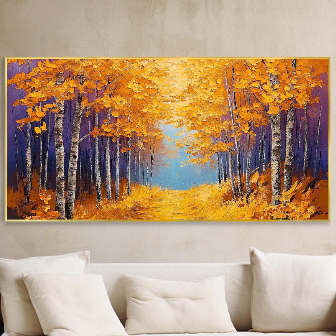 Golden Autumn Birch Forest Path Sunlit Fall Landscape Art Poster