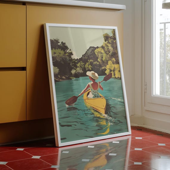 Nostalgic Kayak Art Camping Print Vintage Wonam Paddling Canoe Lake House Decor Digital Download