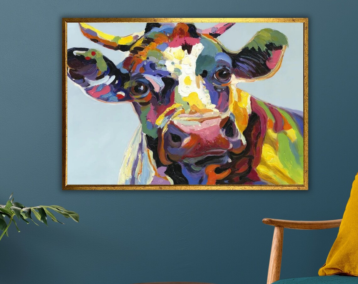 Colorful Pop Art Cow Face Abstract Vibrant Farm Animal Portrait Poster