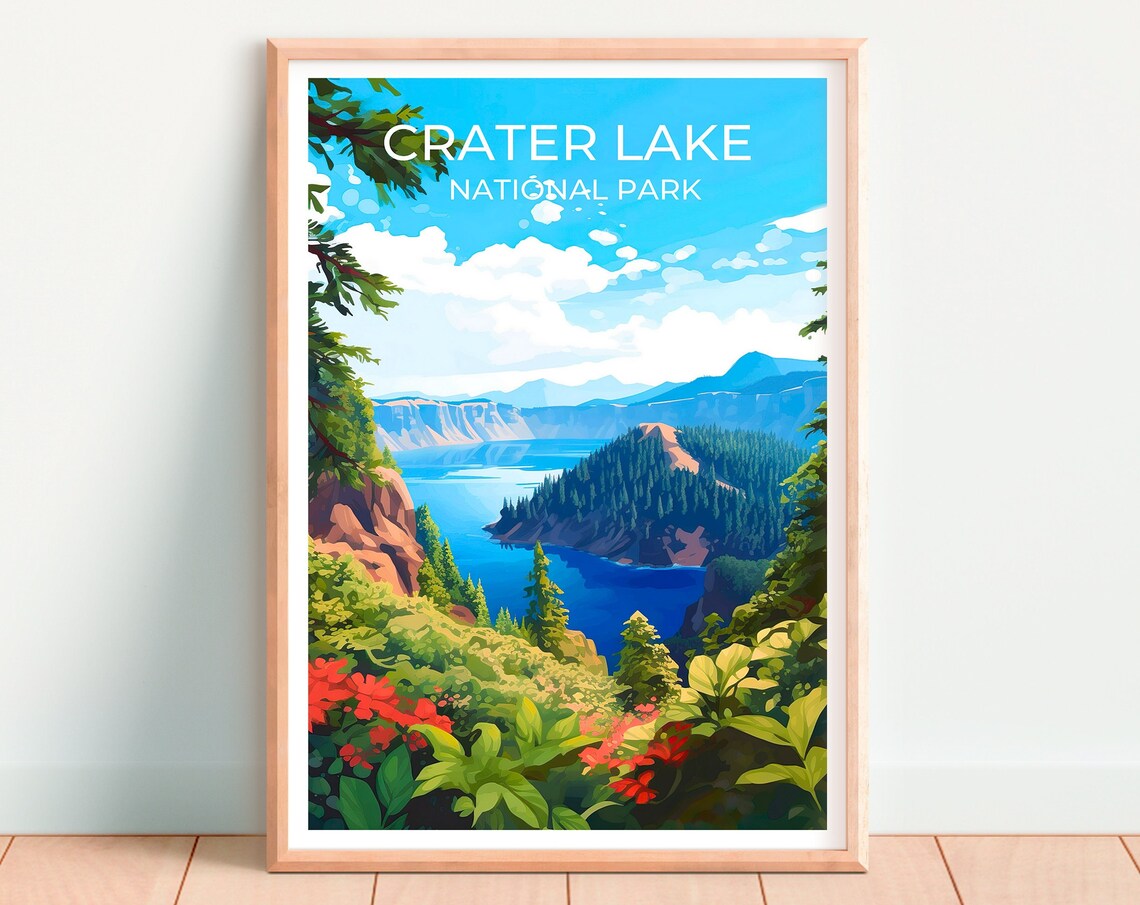 Crater Lake Travel Poster, Oregon Lake Landscape - Image 4