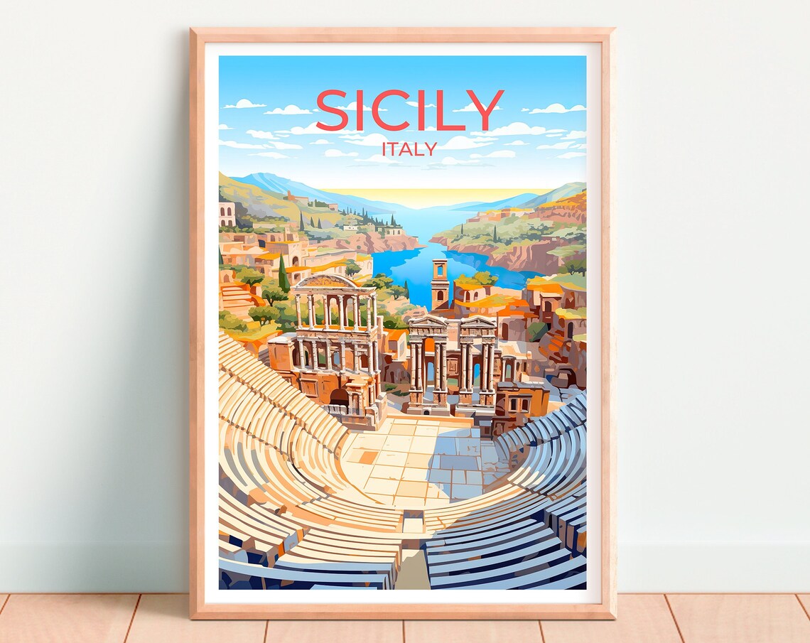 Sicily Italy Ancient Amphitheater Coastal View Travel Poster - Image 4