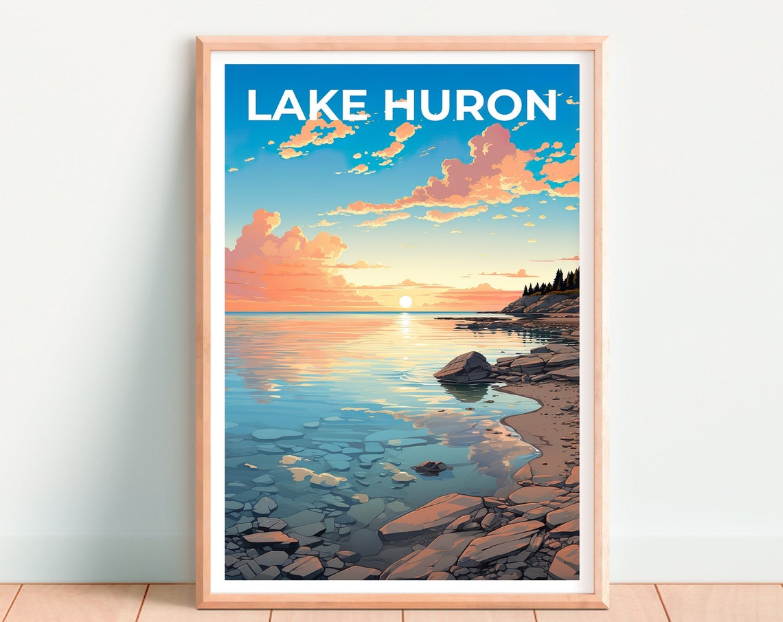 Lake Huron Great Lakes Rocky Shore Sunset Reflection Travel Poster - Image 4