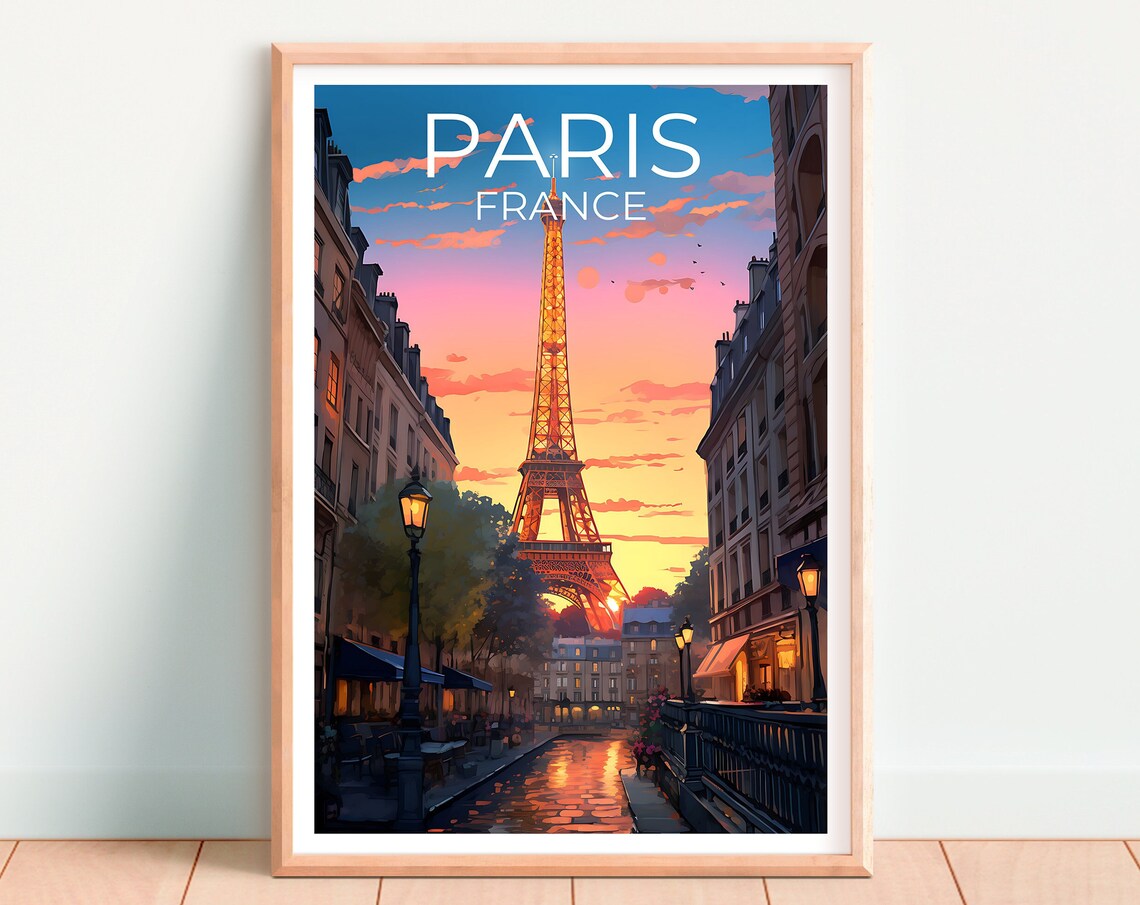 Paris France Eiffel Tower Dusk Street View Sunset Glow Travel Poster - Image 4