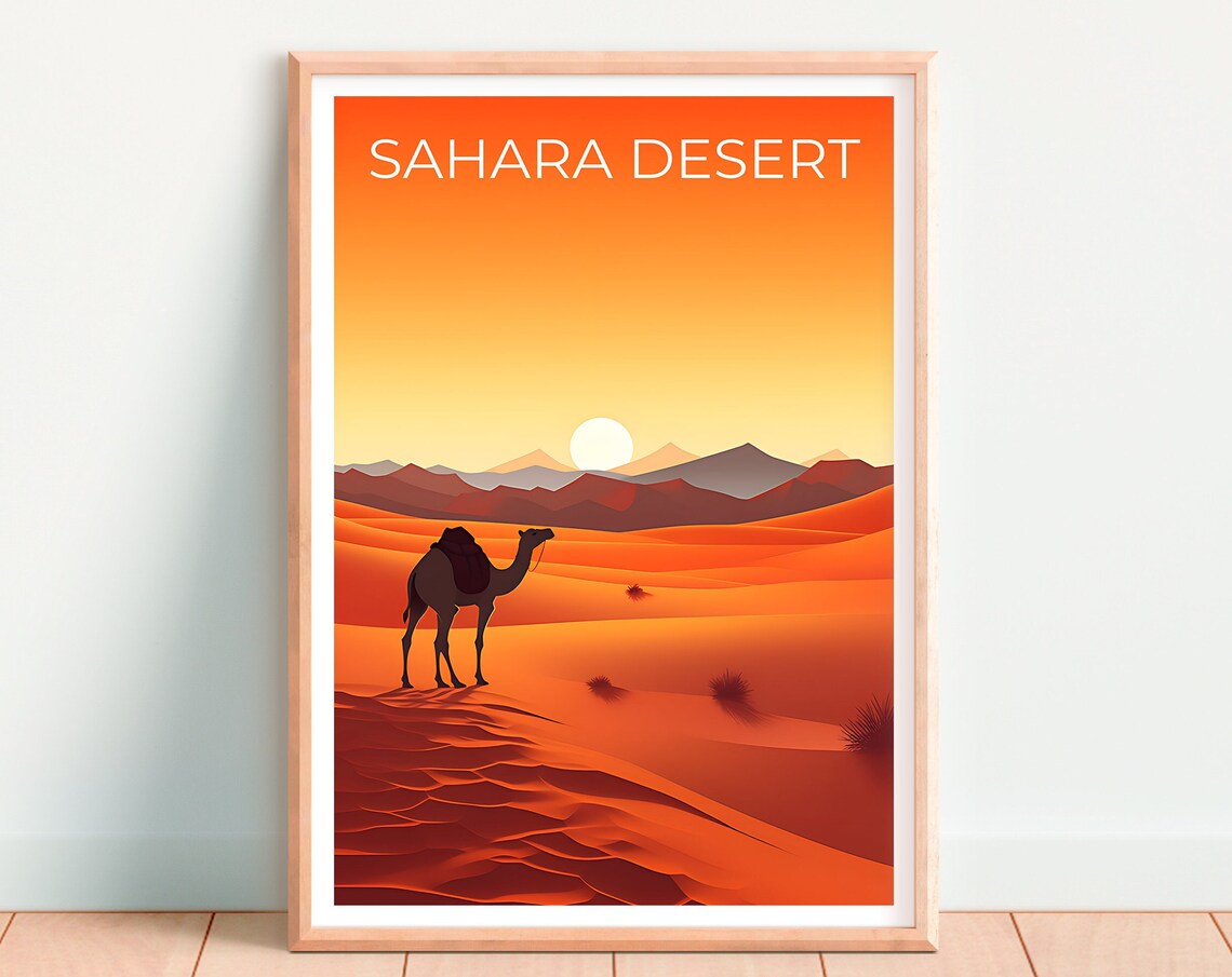 Sahara Desert Camel Silhouette Red Dunes Golden Sunset Travel Poster - Image 4