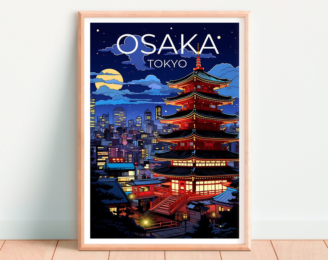 Osaka Japan Five Story Pagoda Night Skyline Moon View Poster - Image 4