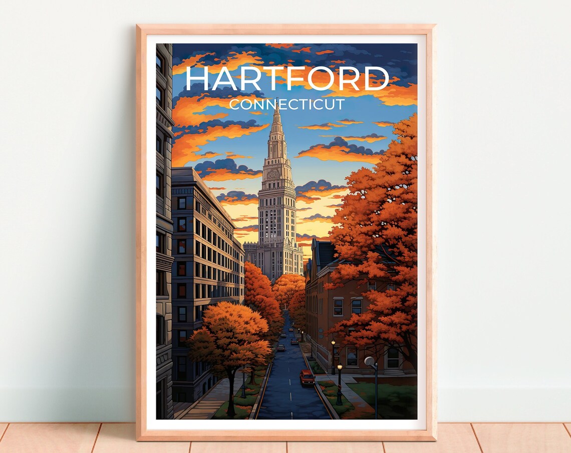 Hartford Connecticut Clock Tower Autumn Street Sunset View Poster - Image 4