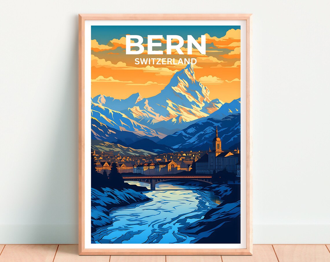 Bern Switzerland Old Town River Alpine Peak Sunset Travel Poster - Image 4