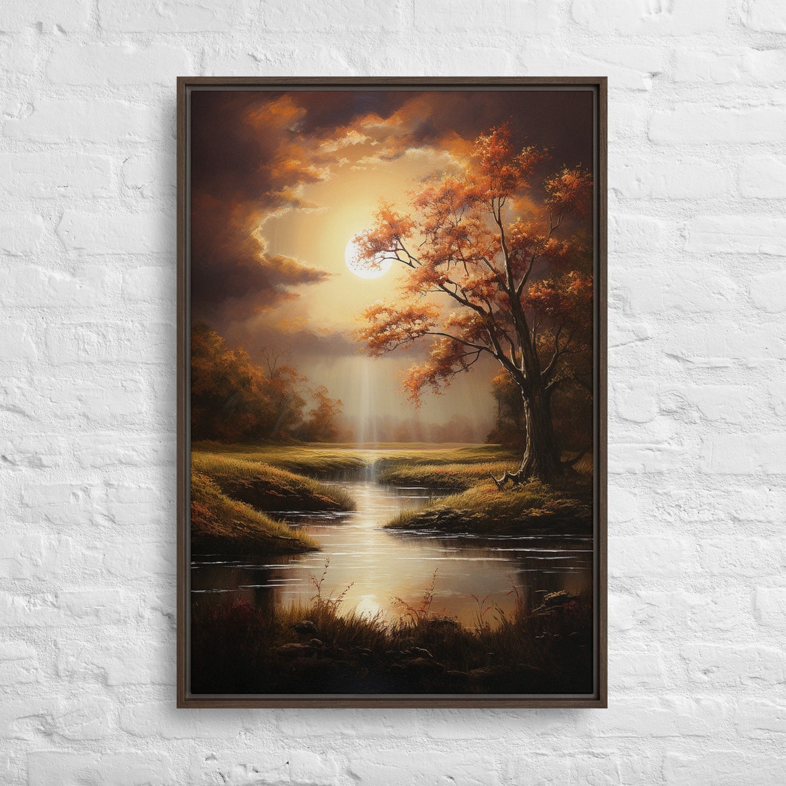 Autumn Creek Golden Tree Under Moonlight Glow Landscape Poster