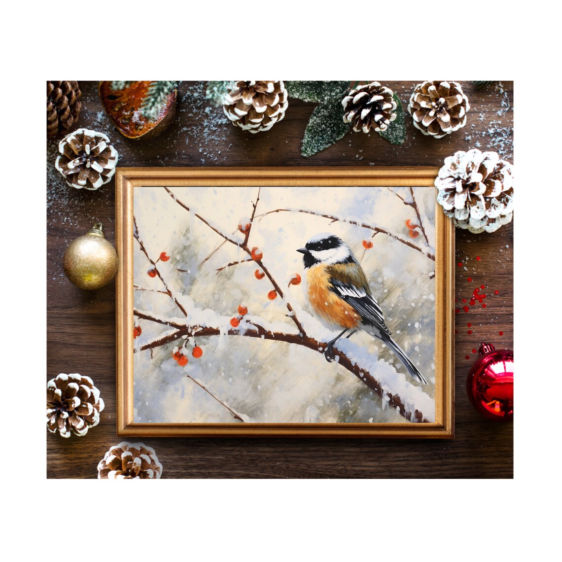 Snow Bird Print, Woodland Christmas Wall Art