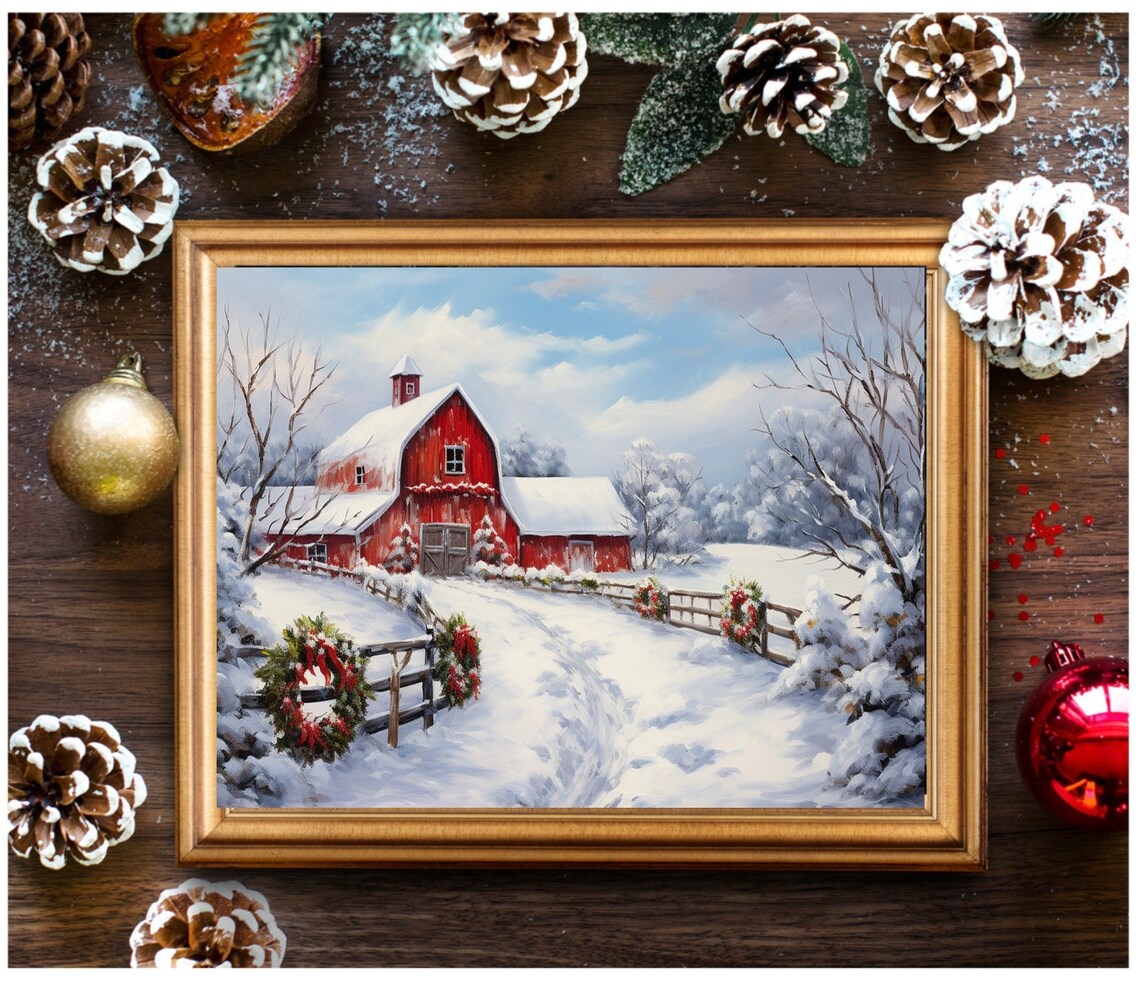 Christmas Country Barn Art Print, Farmhouse Holiday