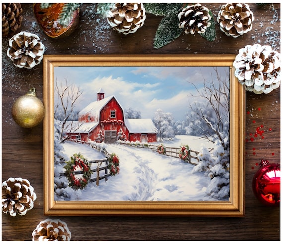 Christmas Country Barn Art Print, Farmhouse Holiday