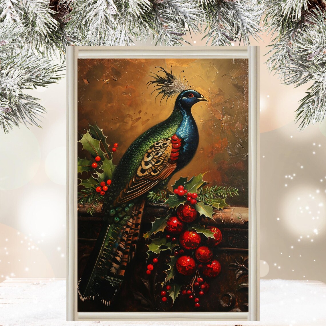 Golden Pheasant with Holly Berries Christmas Holiday Bird Poster