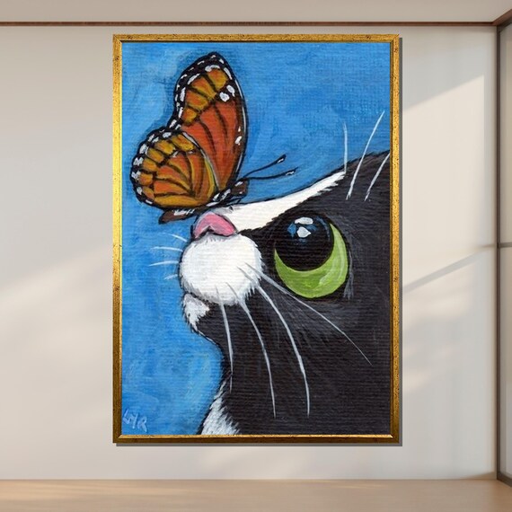 Curious Black Cat With Butterfly Whimsical Animal Portrait Poster