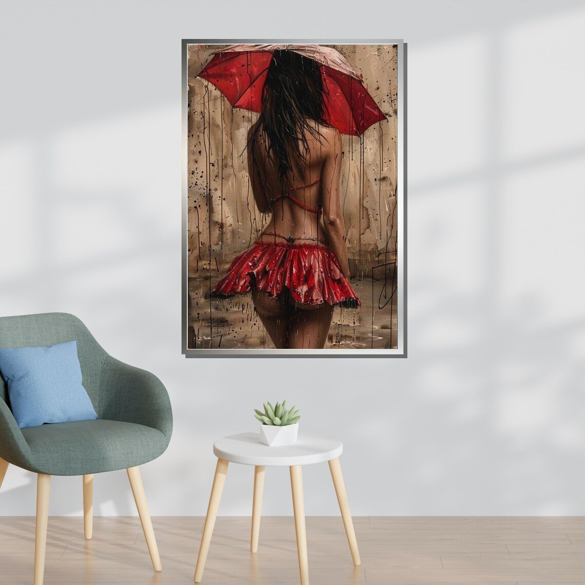 Woman With Red Umbrella Rainy Day Moody Street Scene Back View Art Poster - Image 3