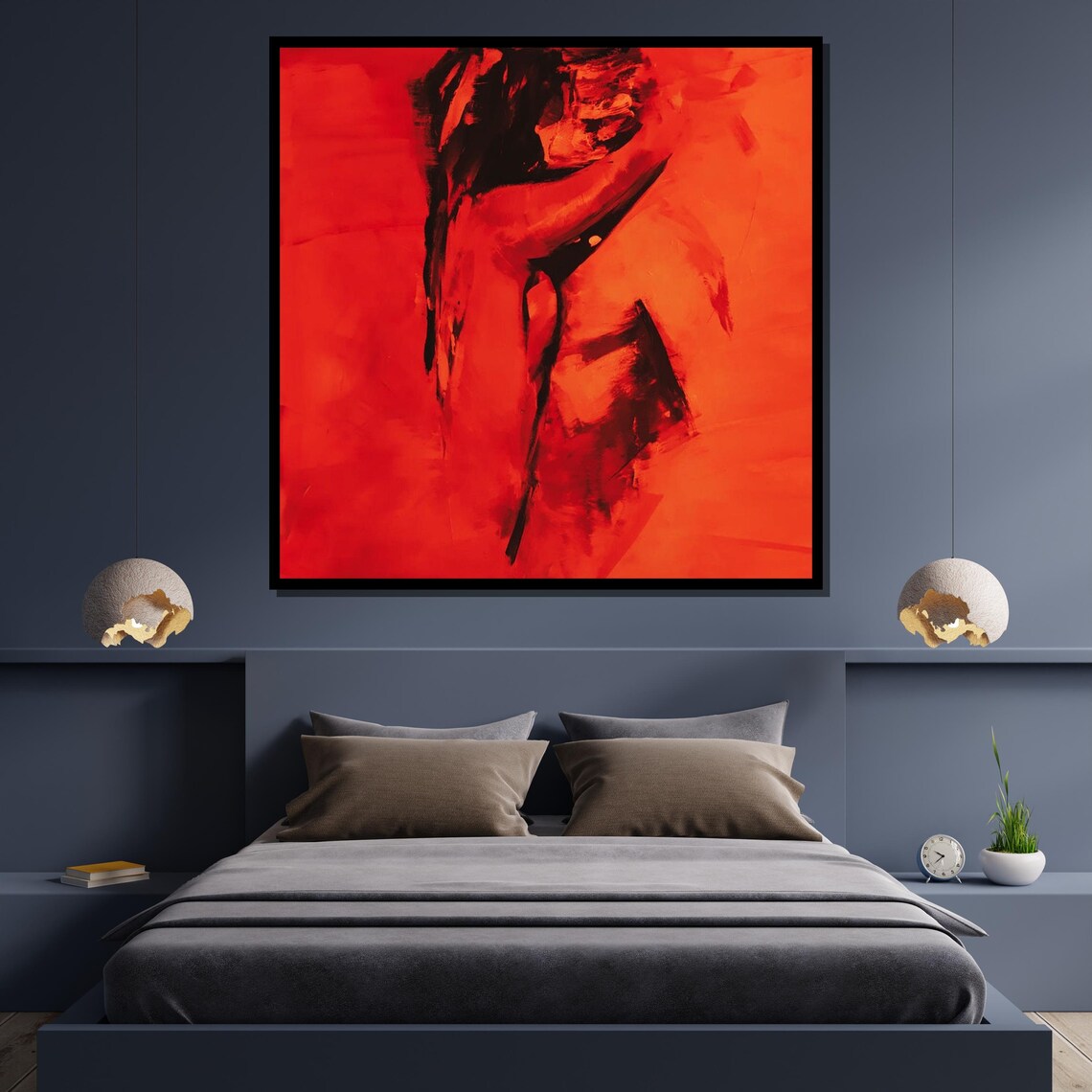 Passionate Red Embrace Abstract Lovers Painting Bold Wall Art Poster - Image 4