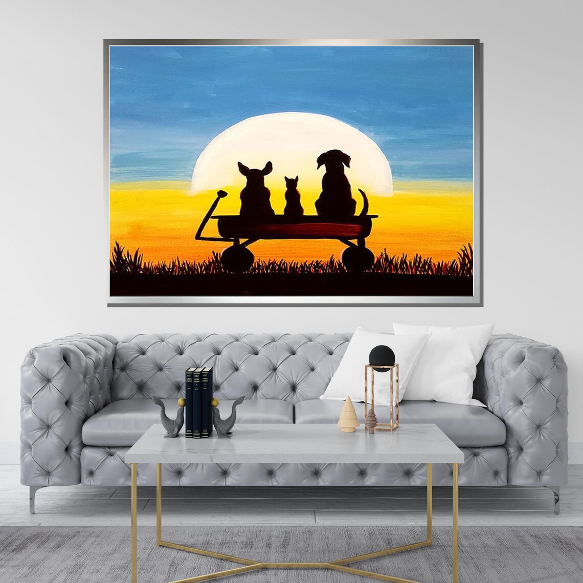 Sunset Companions Dogs And Cat Wagon Silhouette Pet Friendship Art Poster - Image 3