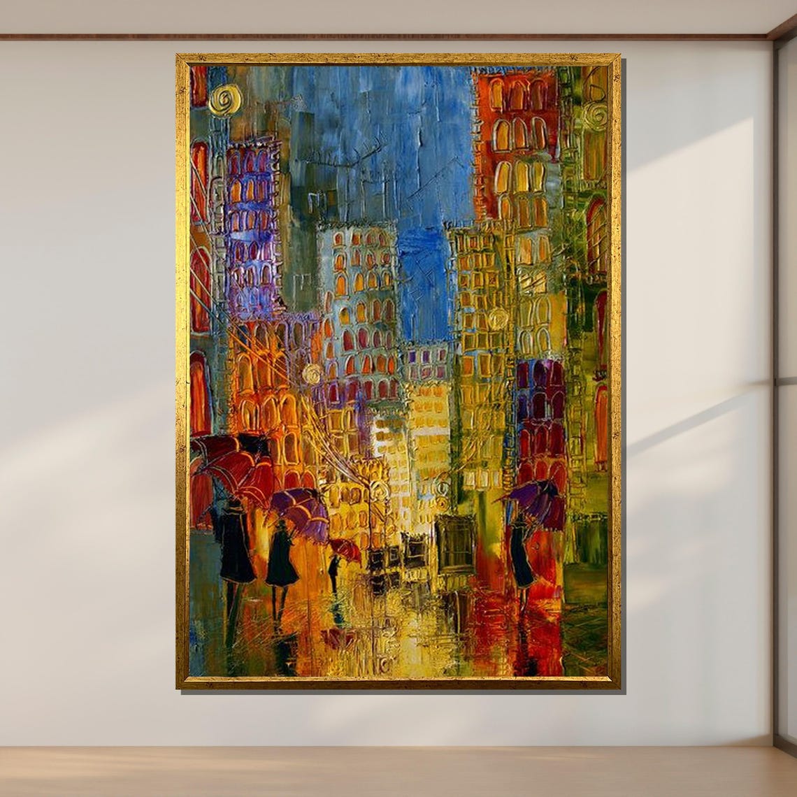 Colorful Rainy City Night Lights Abstract Cityscape Umbrella Poster