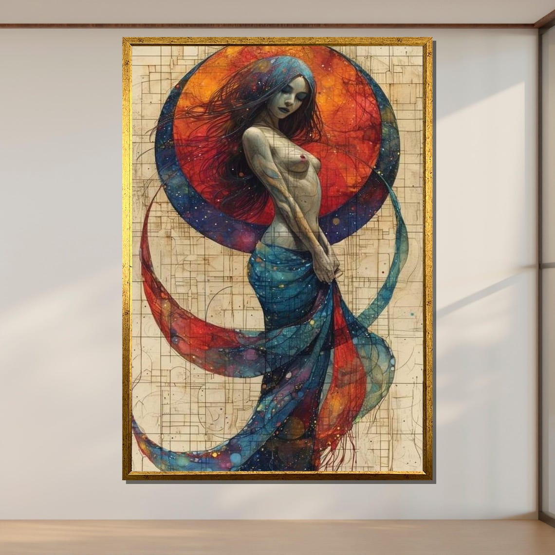 Ethereal Cosmic Goddess Swirling Red Blue Fabric Moon Dream Poster