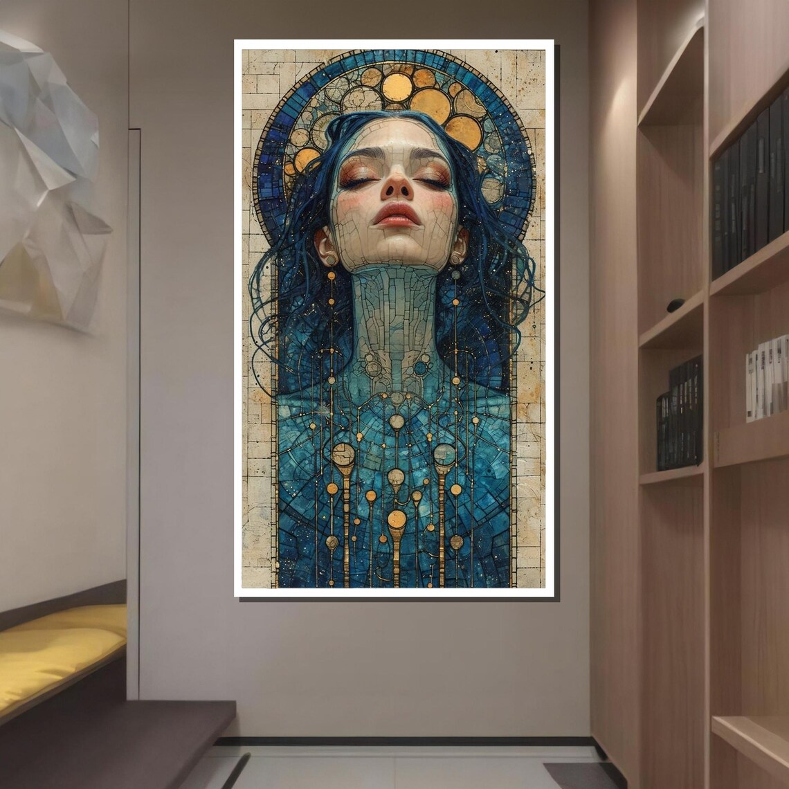 Ethereal Stained Glass Woman Blue Gold Mosaic Halo Mystical Portrait Poster - Image 2