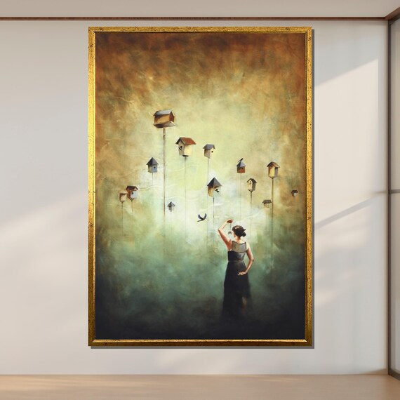 Woman Releasing Bird Among Tall Birdhouses Dreamy Misty Fantasy Wall Art
