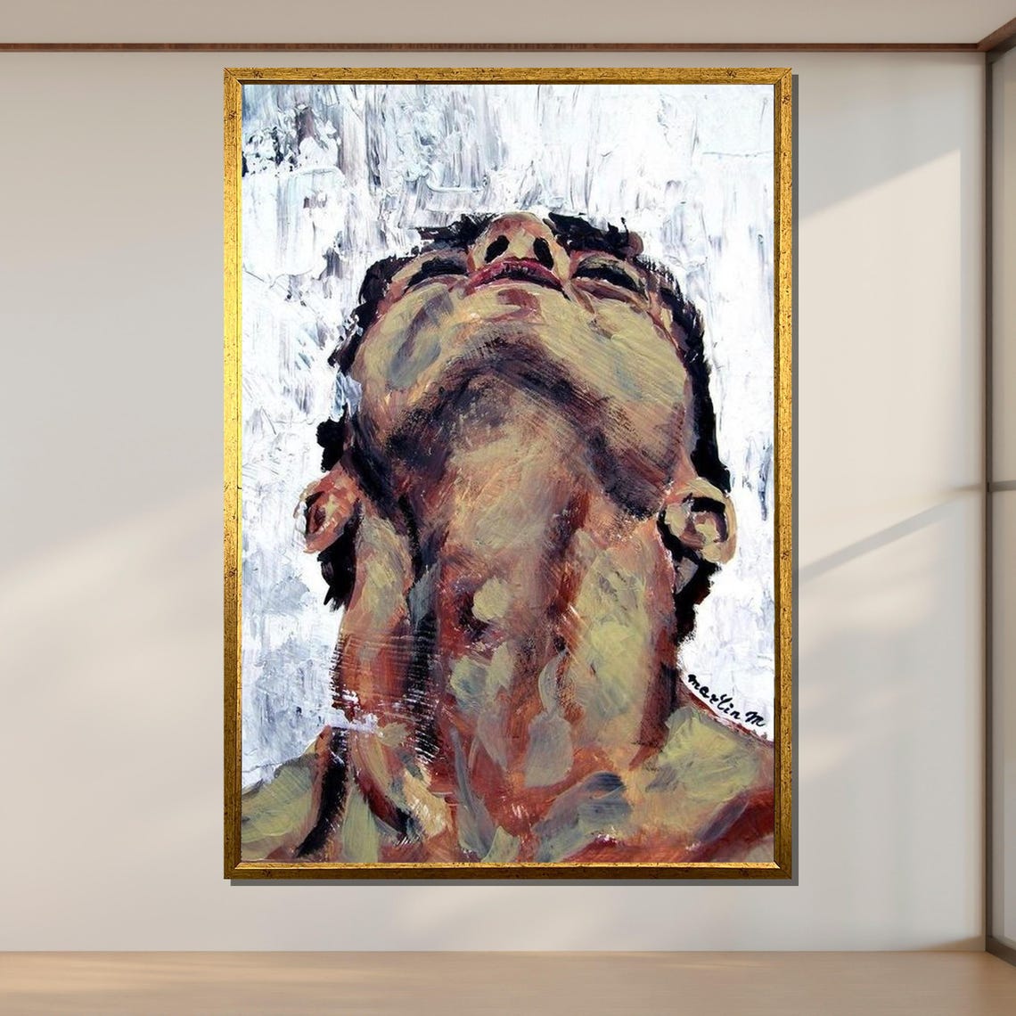 Introspective Man Abstract Expressionist Face Upward Gaze Art Poster