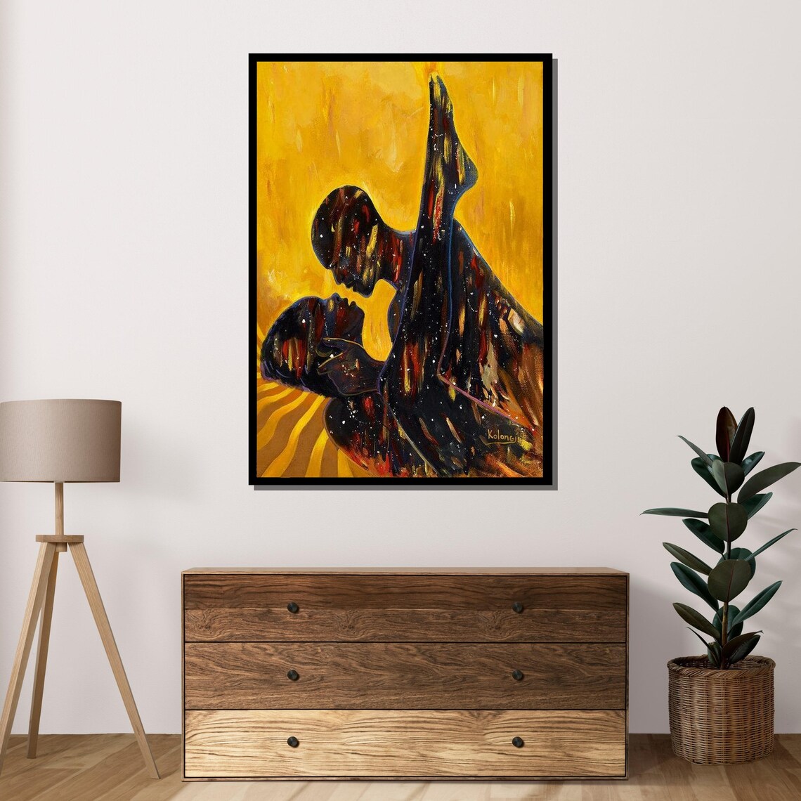 Cosmic Lovers Embrace Golden Yellow Abstract Couple Silhouette Poster - Image 4