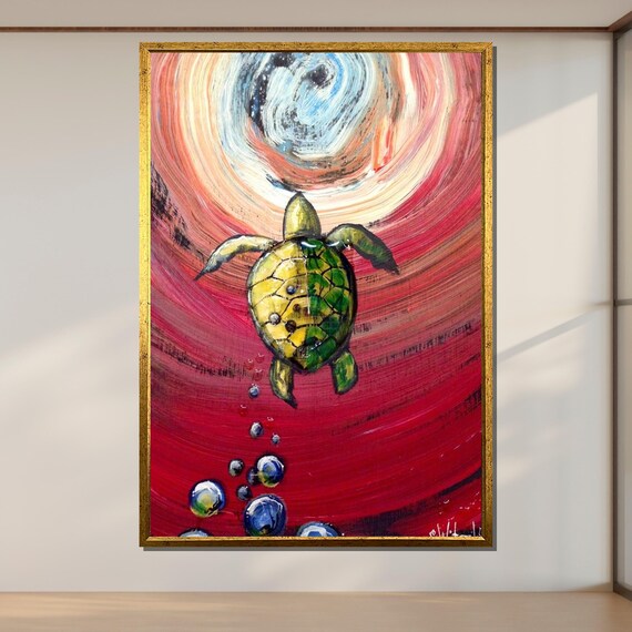 Sea Turtle Swimming Swirling Red Ocean Whirlpool Colorful Art Poster