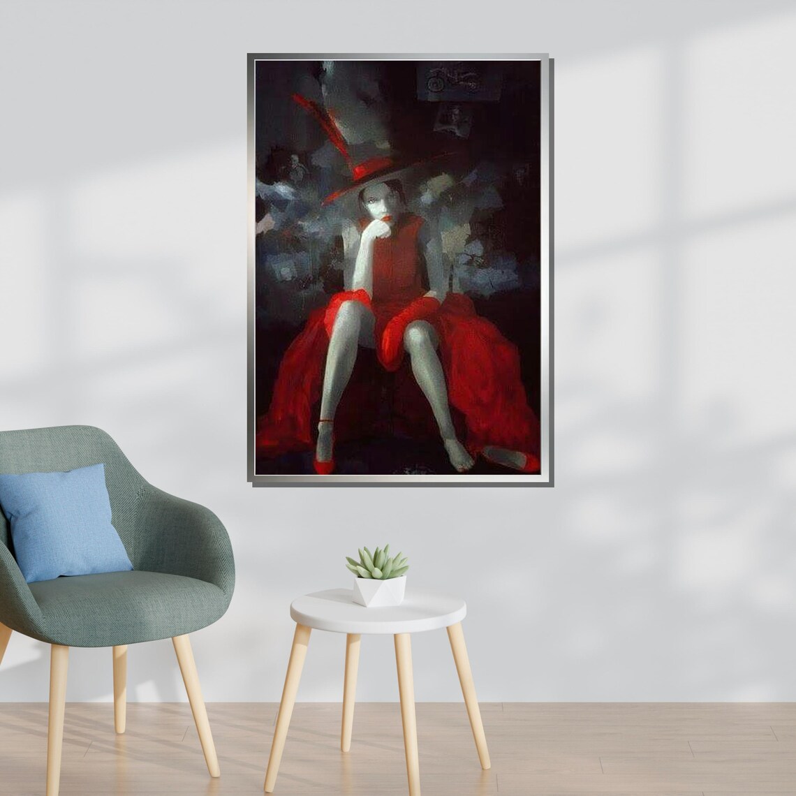 Mysterious Lady In Red Dress And Hat Noir Femme Fatale Portrait Wall Poster - Image 3