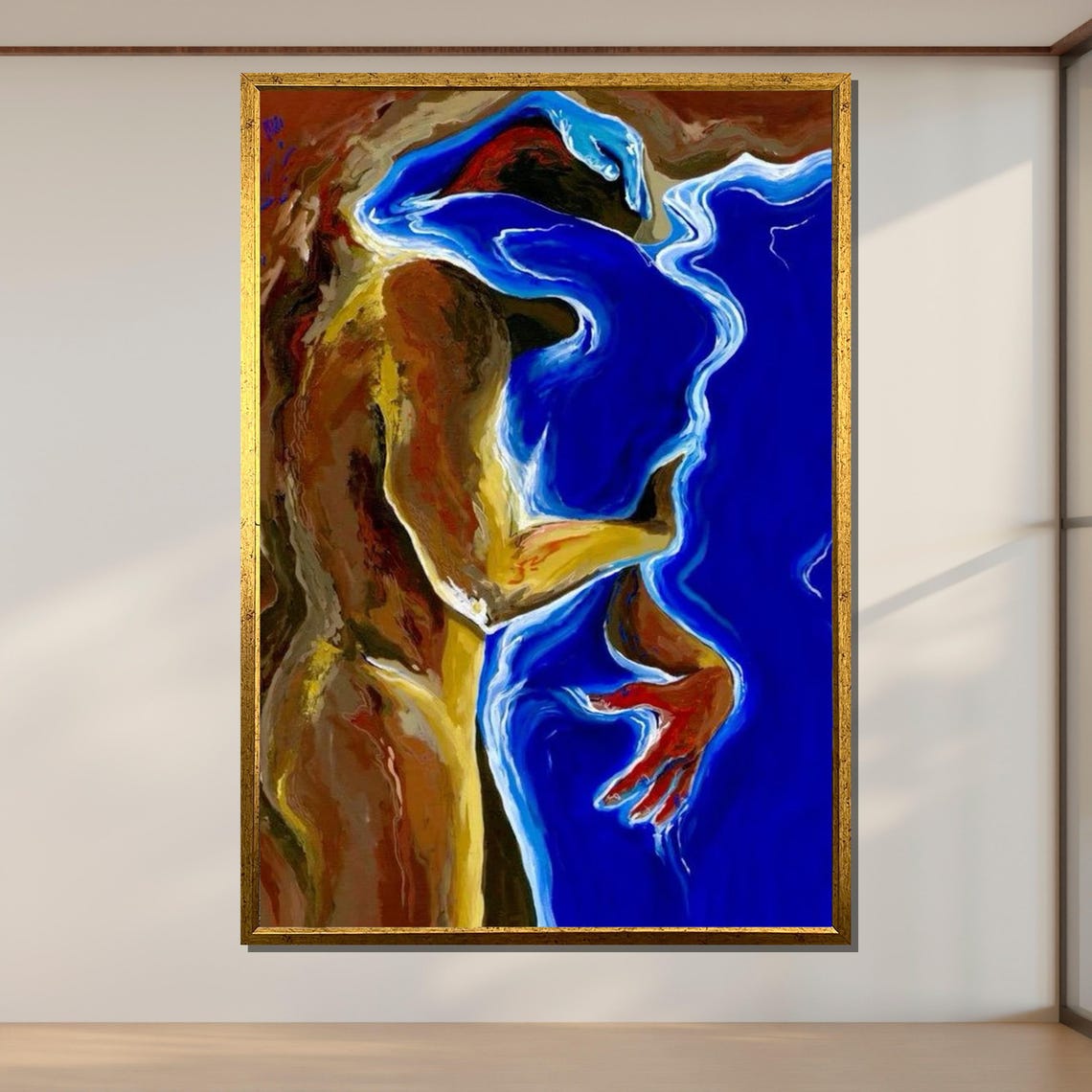 Abstract Embrace Fluid Blue Lovers Swirling Bold Modern Love Poster