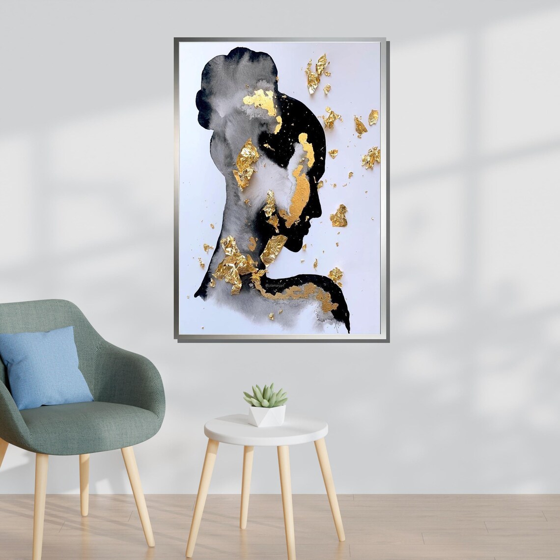 Golden Silhouette Woman Profile Gold Leaf Black Watercolor Art Poster - Image 3