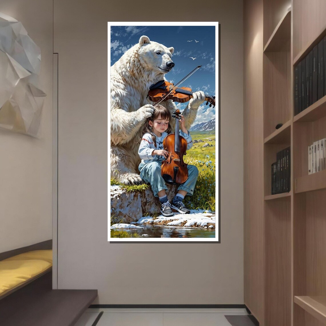 Polar Bear and Little Girl Playing Violins Whimsical Fantasy Music Art Print - Image 2