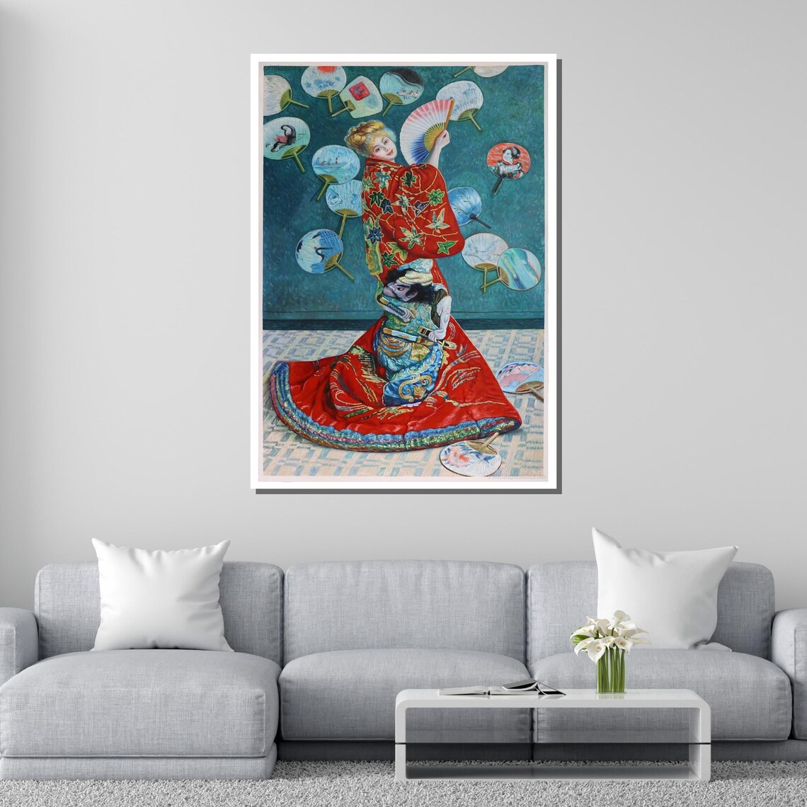Claude Monet La Japonaise Woman In Red Kimono Fans Vintage Art Poster - Image 2