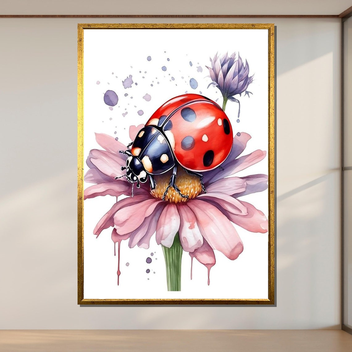 Ladybug On Flower Whimsical Insect Art Floral Nature Print Cute Bug Poster Wall Art Design Ready To Hang Decoration