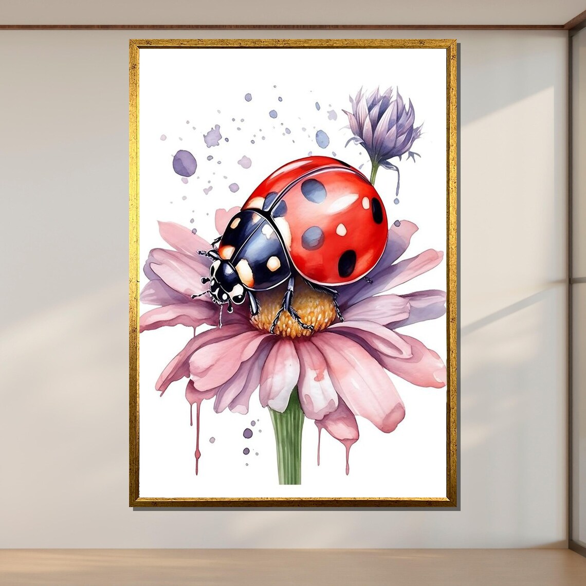 Ladybug On Pink Coneflower Watercolor Insect Floral Nature Art Poster