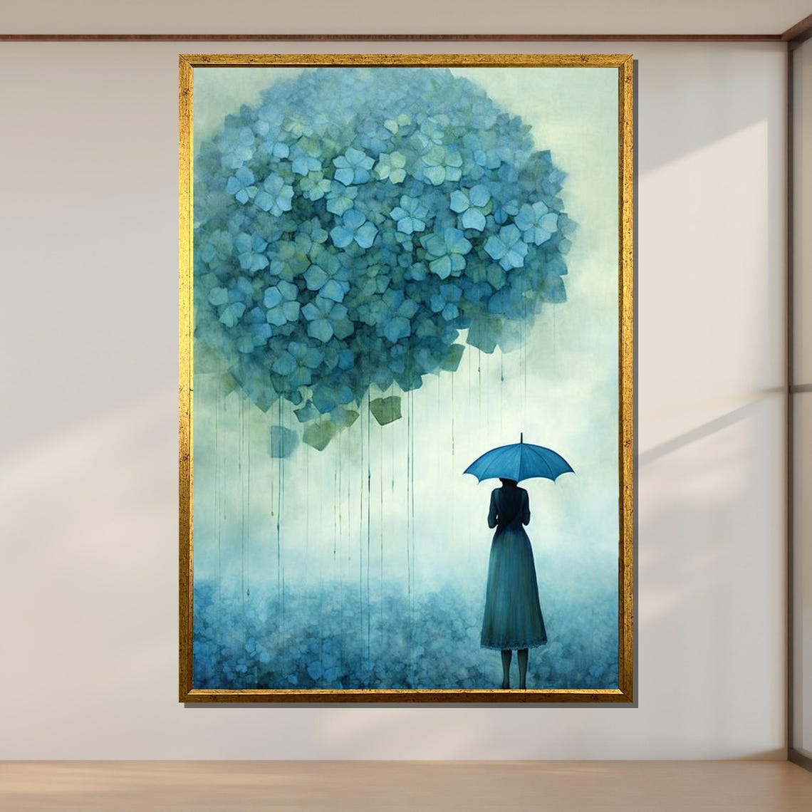 Dreamy Blue Hydrangea Blossoms Woman With Umbrella Serene Art Poster