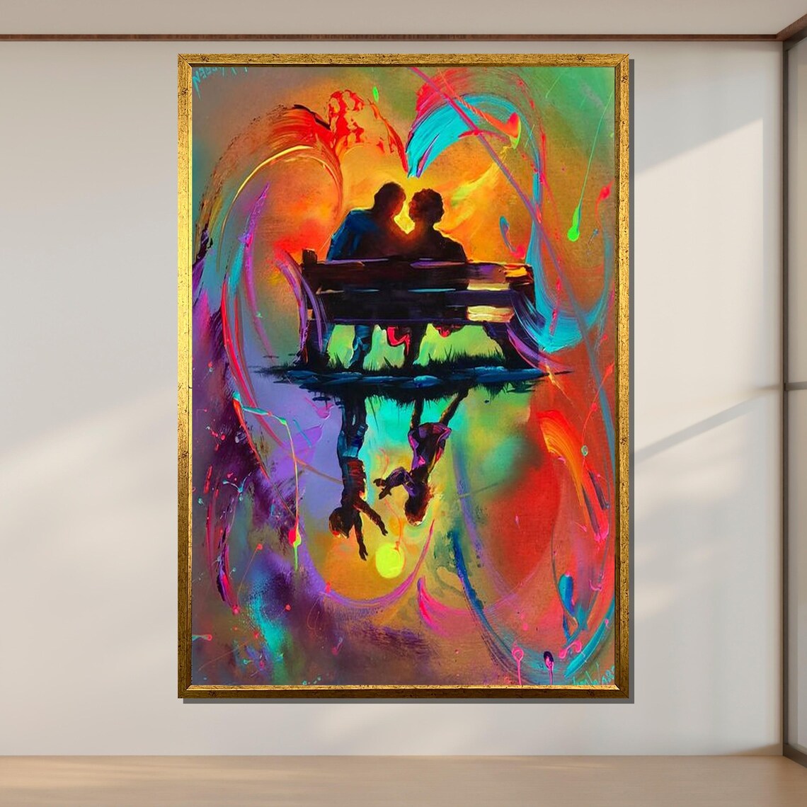 Romantic Couple On Bench At Sunset Colorful Abstract Love Wall Poster