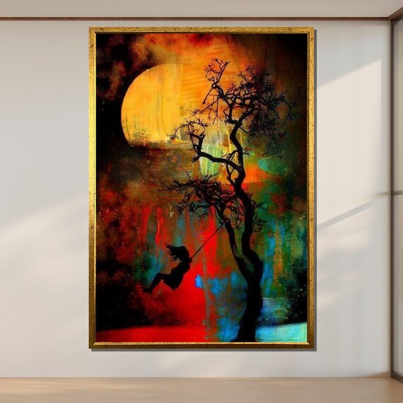 Mystical Swing Art Silhouette Girl Moonlit Tree Wall Print Dreamlike Night Decor Ready To Hang