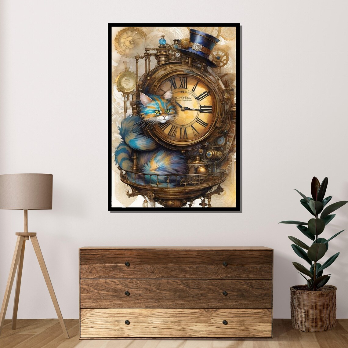 Steampunk Cat Clock Whimsical Feline Brass Gear Wall Art Poster - Image 4