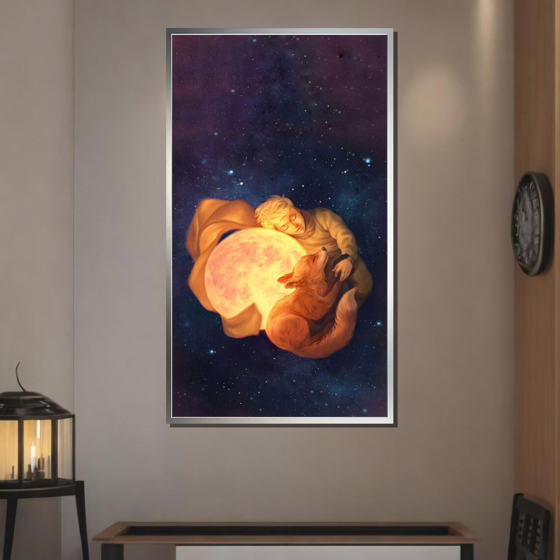 Moonlit Boy And Fox Sleeping Under Starry Night Sky Fantasy Wall Poster - Image 3
