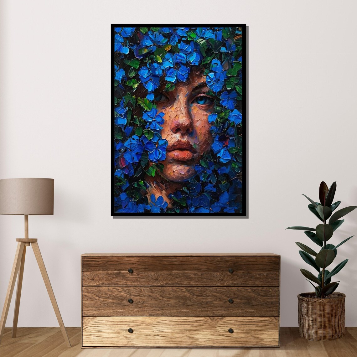 Blue Blossom Girl Floral Portrait Impasto Flower Face Painting Poster - Image 4