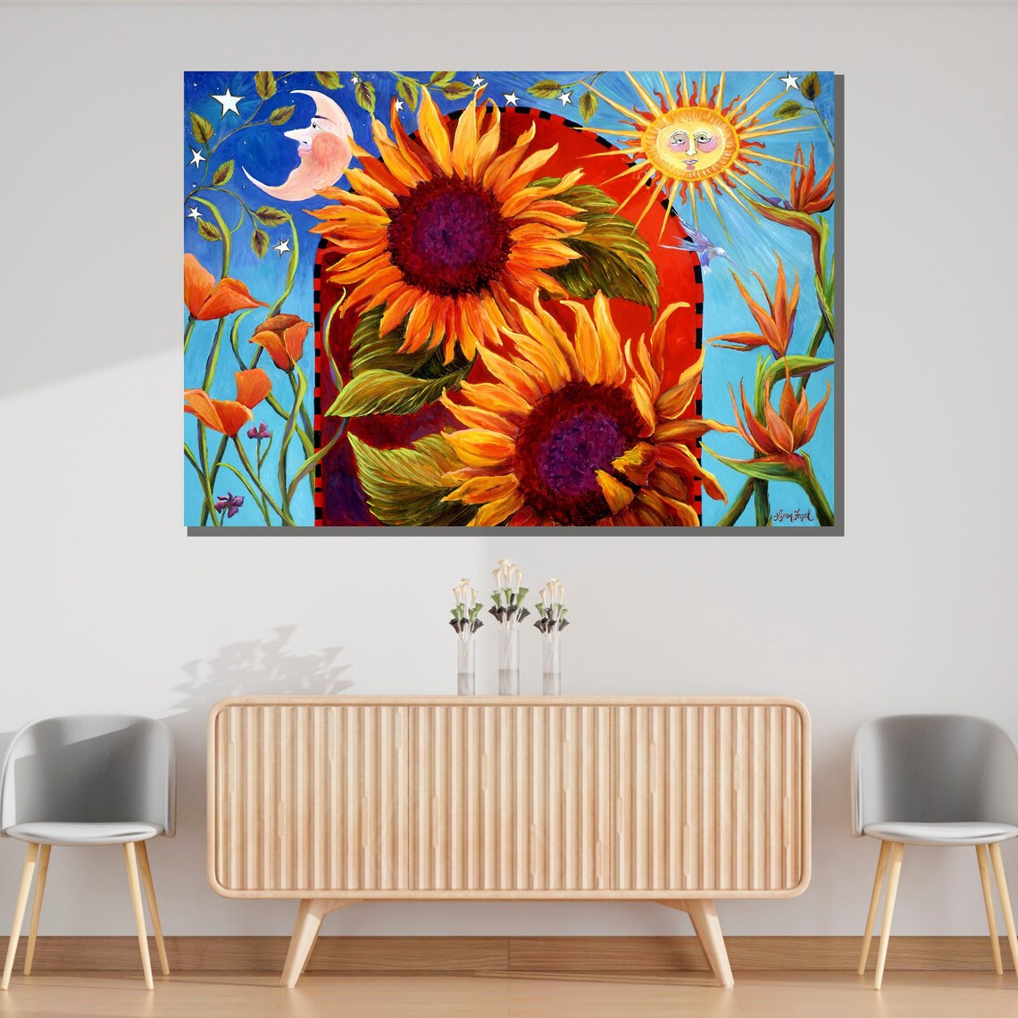 Whimsical Sunflower Folk Art Smiling Sun Moon Colorful Floral Poster - Image 3