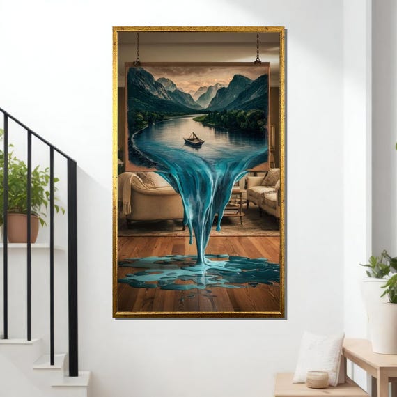 Surreal Melting Landscape 3d Waterfall Art Dreamlike River Painting Fantasy Wall Art Ready To Hang Surrealism Decor
