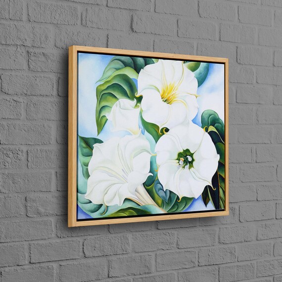 White Trumpet Flowers Close Up Green Leaves Botanical Art Print